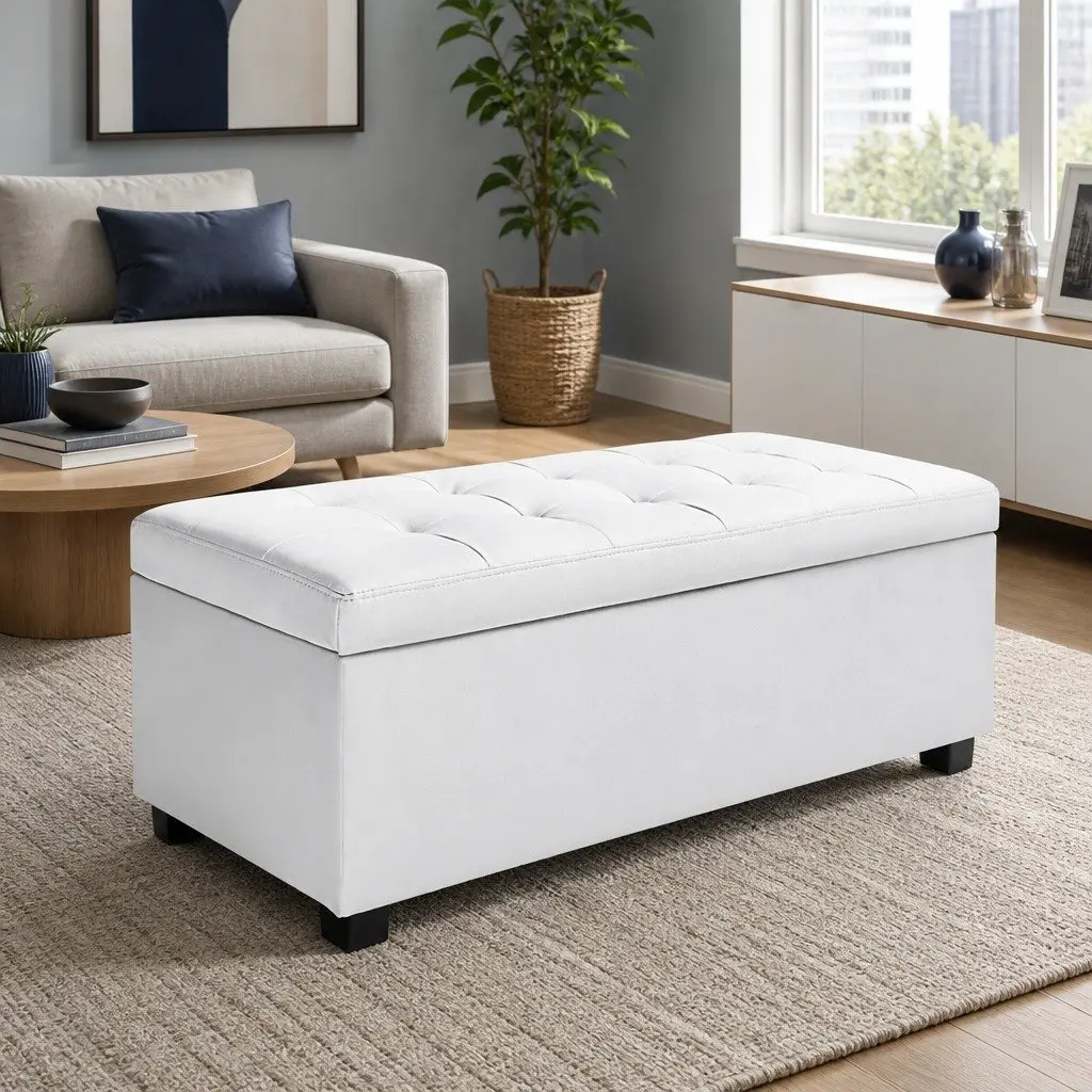 Storage Ottoman Faux Leather 97cm White Lift-Up Lid Footstool