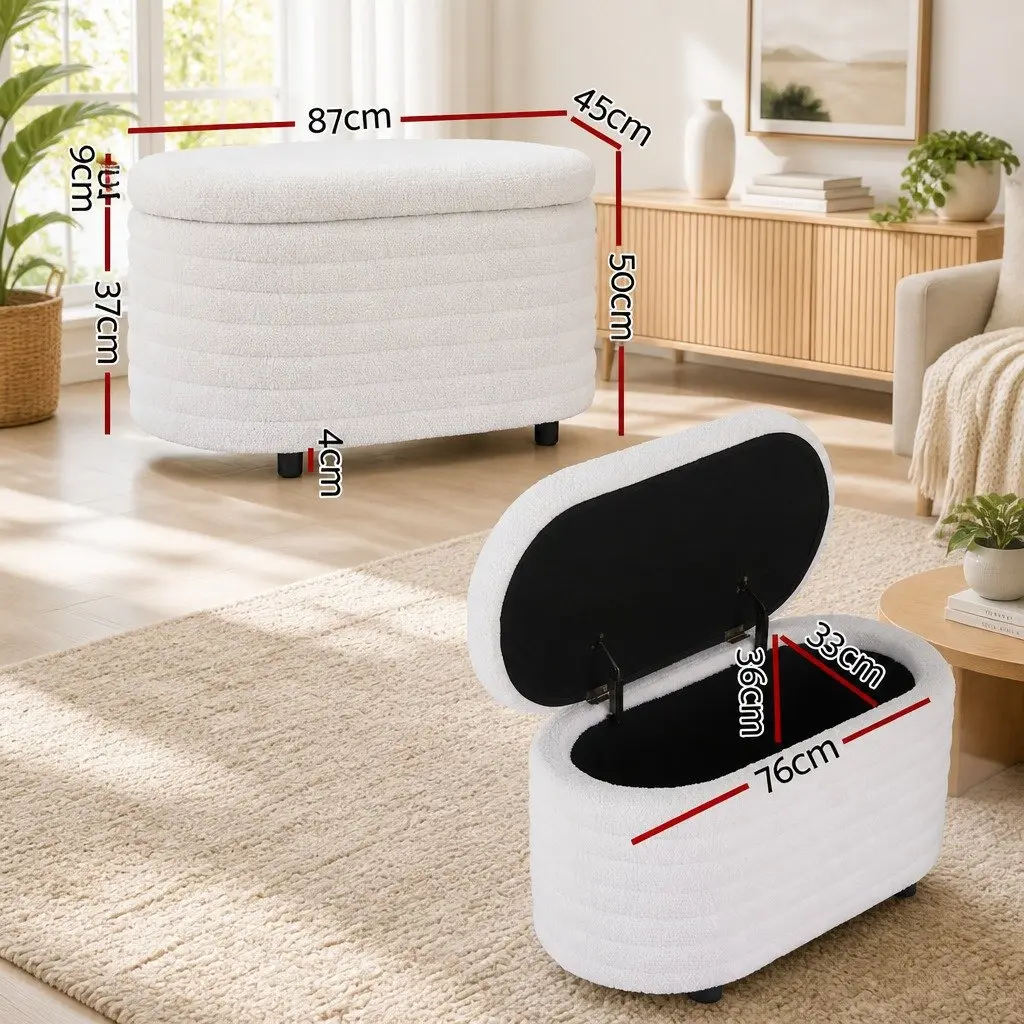 Storage Ottoman Boucle Upholstered 87cm Oval White