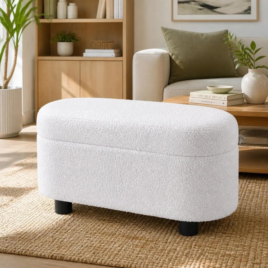 Storage Ottoman Boucle Upholstered 87cm Oval White