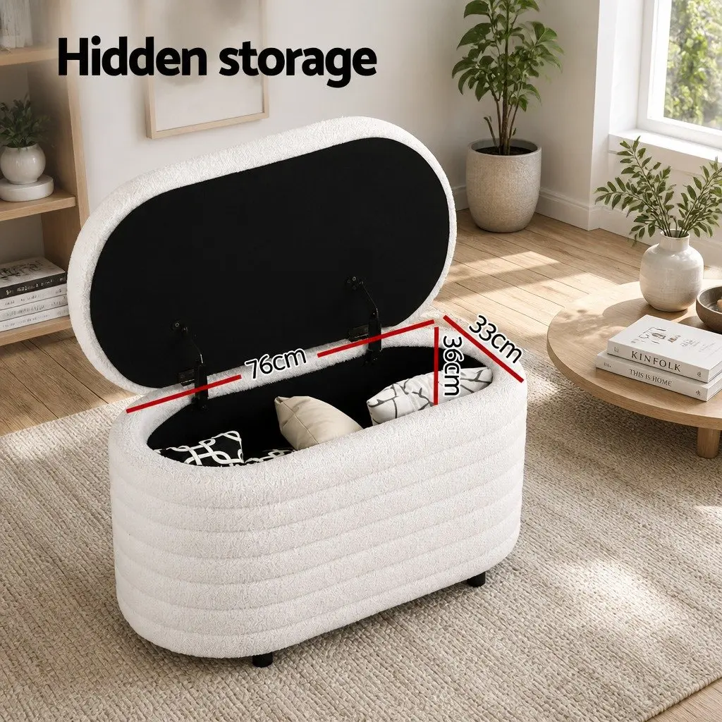 Storage Ottoman Boucle Upholstered 87cm Oval White