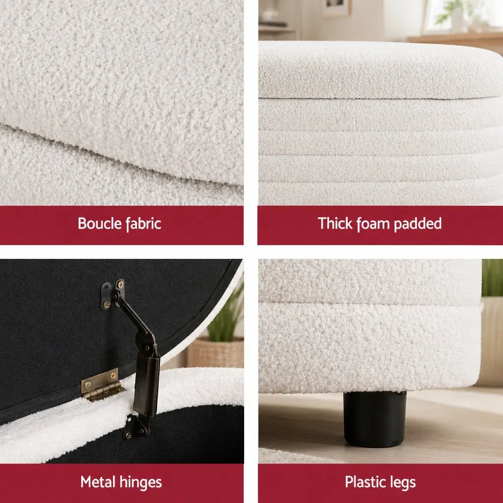 Storage Ottoman Boucle Upholstered 87cm Oval White