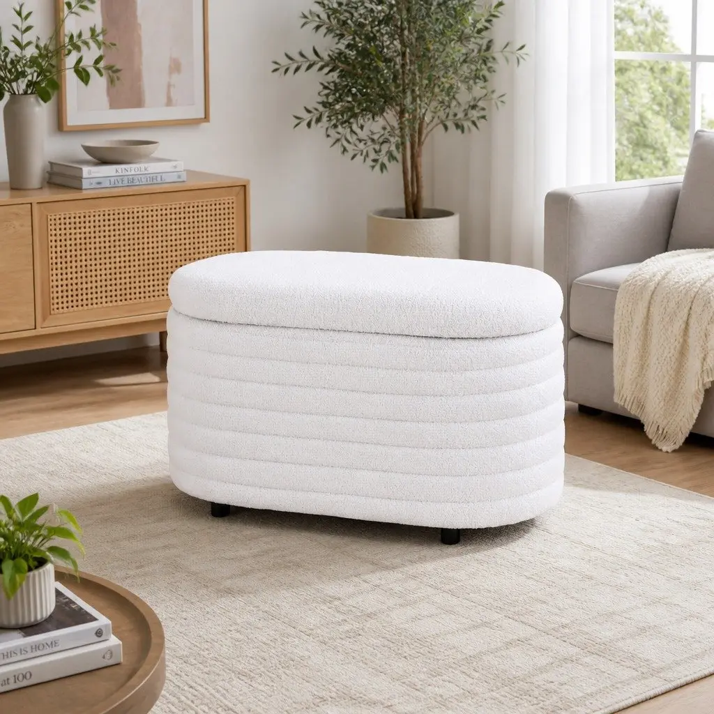 Storage Ottoman Boucle Upholstered 87cm Oval White