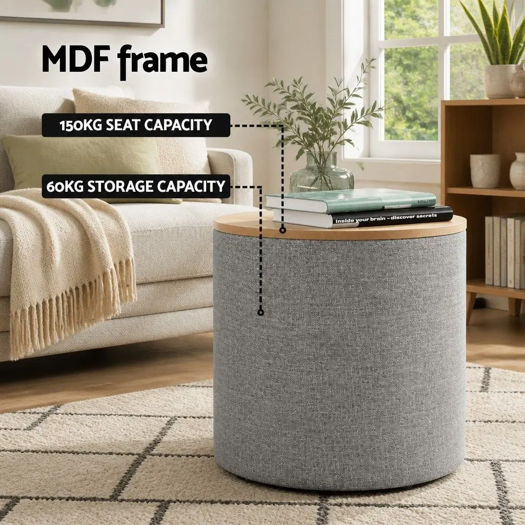 Round Storage Ottoman Faux Linen Upholstery 40cm Grey