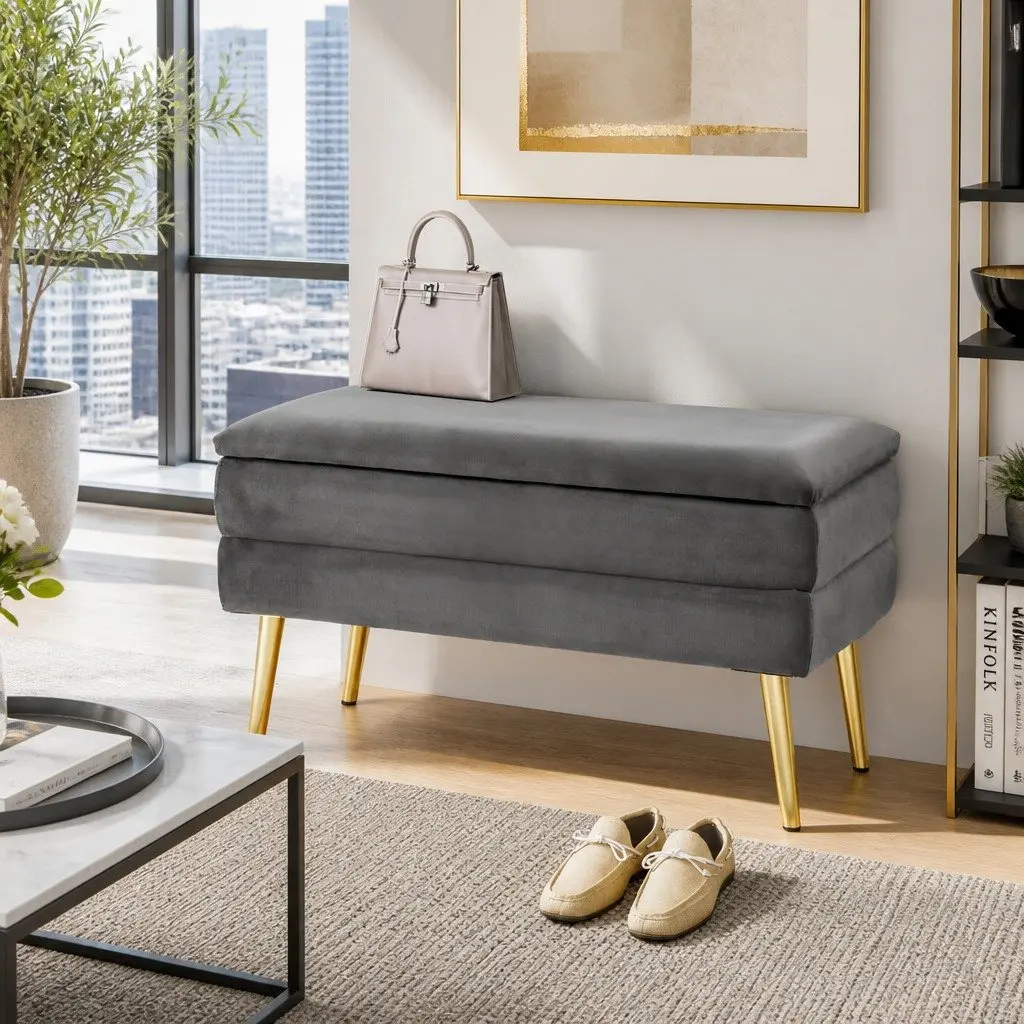 Storage Ottoman Velvet Grey Hinged Lid Plywood Frame Metal Legs
