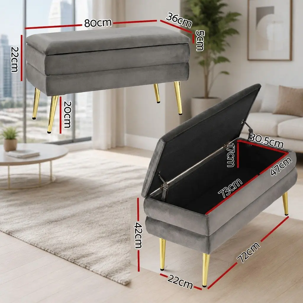 Storage Ottoman Velvet Grey Hinged Lid Plywood Frame Metal Legs