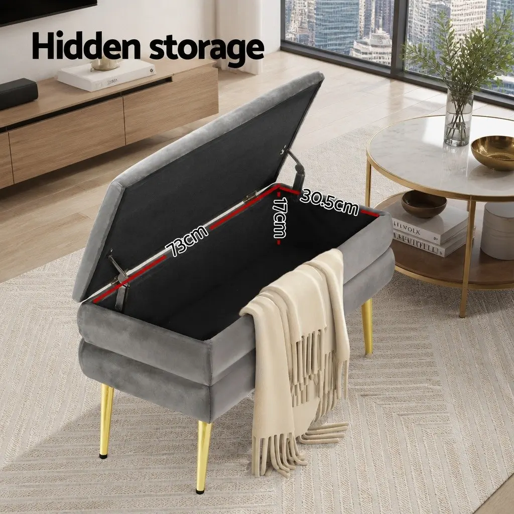 Storage Ottoman Velvet Grey Hinged Lid Plywood Frame Metal Legs