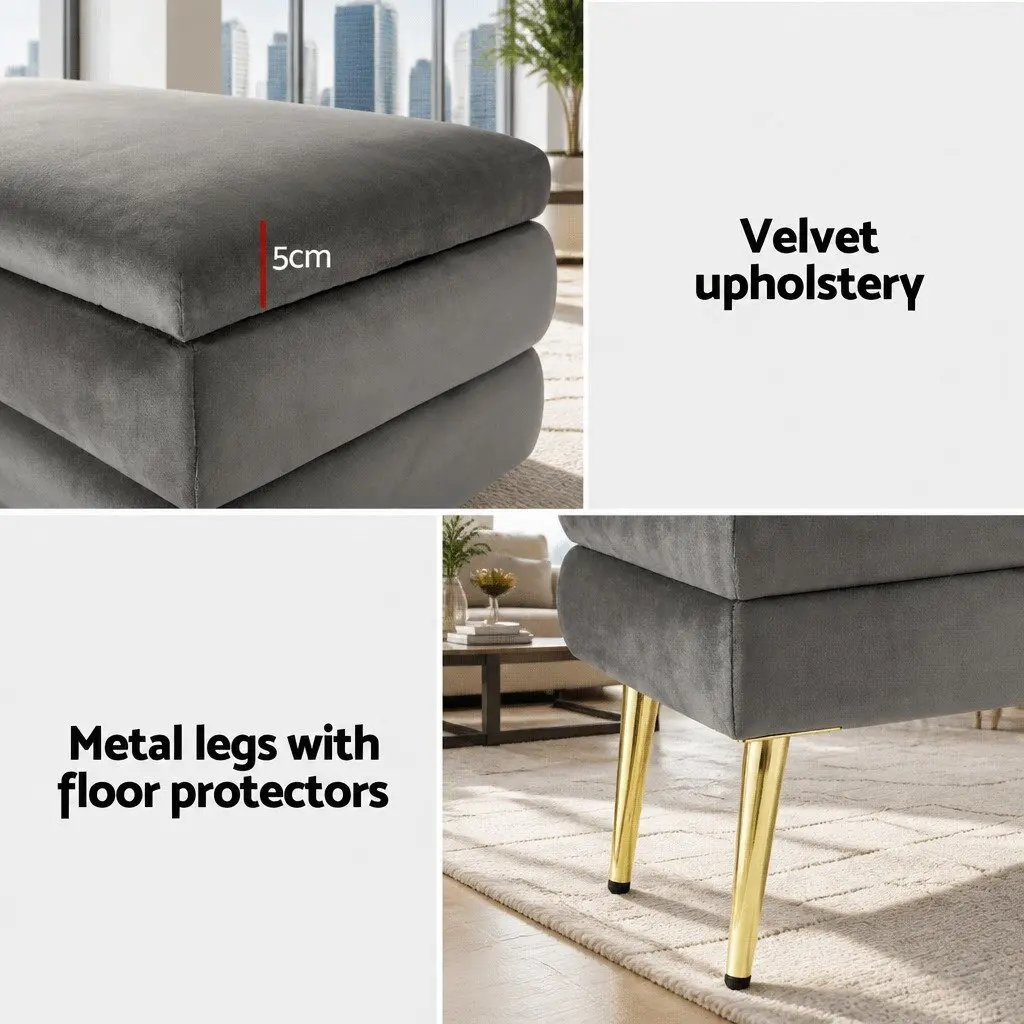 Storage Ottoman Velvet Grey Hinged Lid Plywood Frame Metal Legs