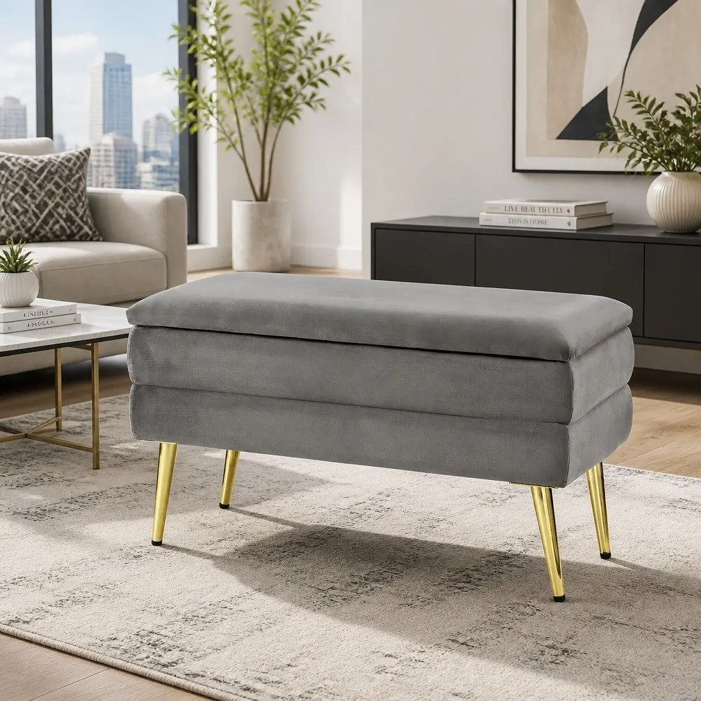 Storage Ottoman Velvet Grey Hinged Lid Plywood Frame Metal Legs
