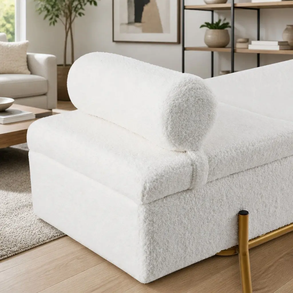 Storage Ottoman Boucle Fabric 140cm White with Detachable Pillow Hidden Compartment