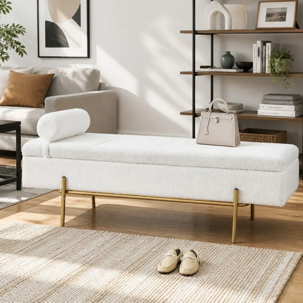 Storage Ottoman Boucle Fabric 140cm White with Detachable Pillow Hidden Compartment