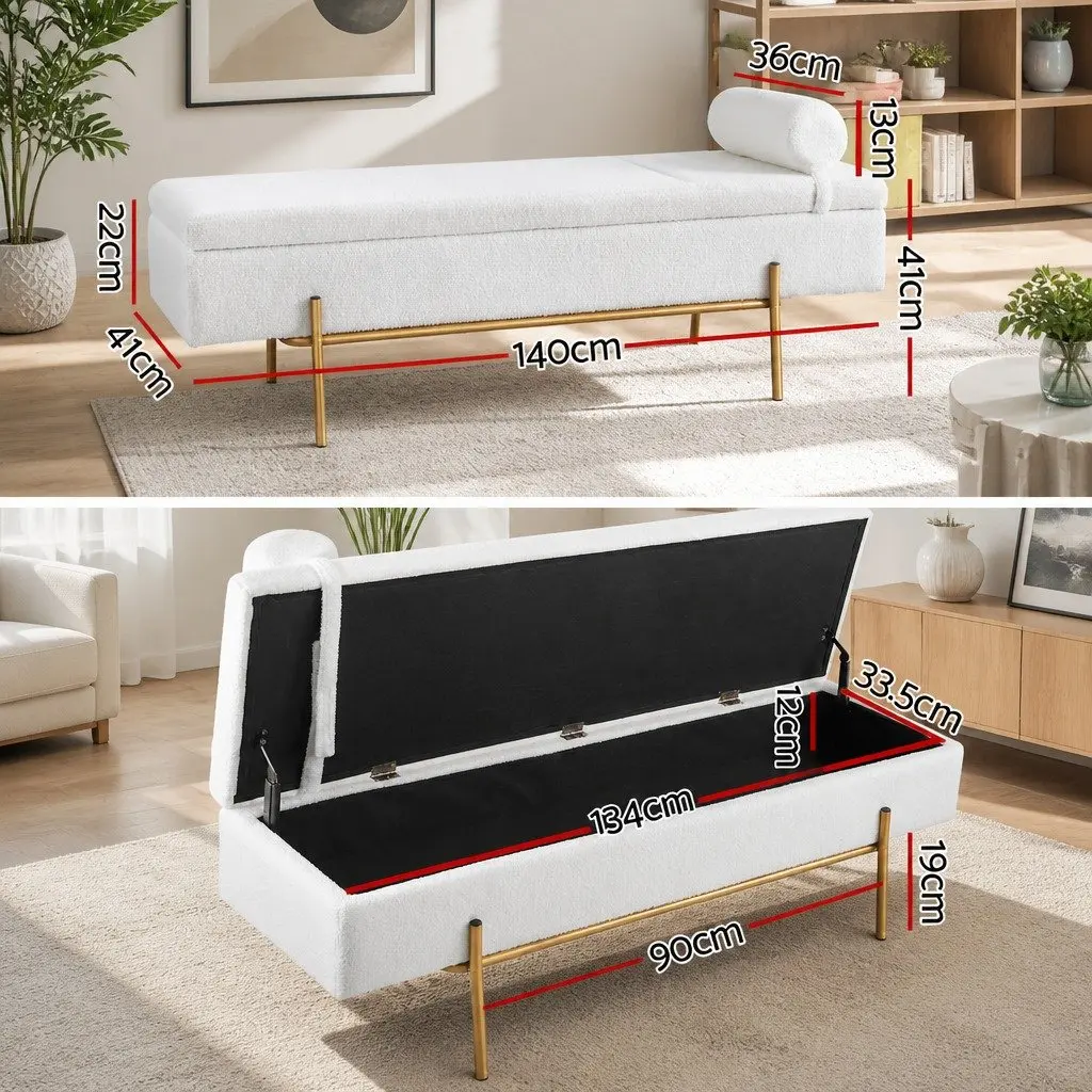 Storage Ottoman Boucle Fabric 140cm White with Detachable Pillow Hidden Compartment