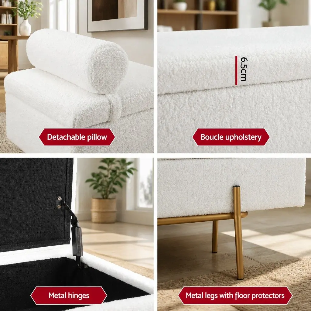 Storage Ottoman Boucle Fabric 140cm White with Detachable Pillow Hidden Compartment