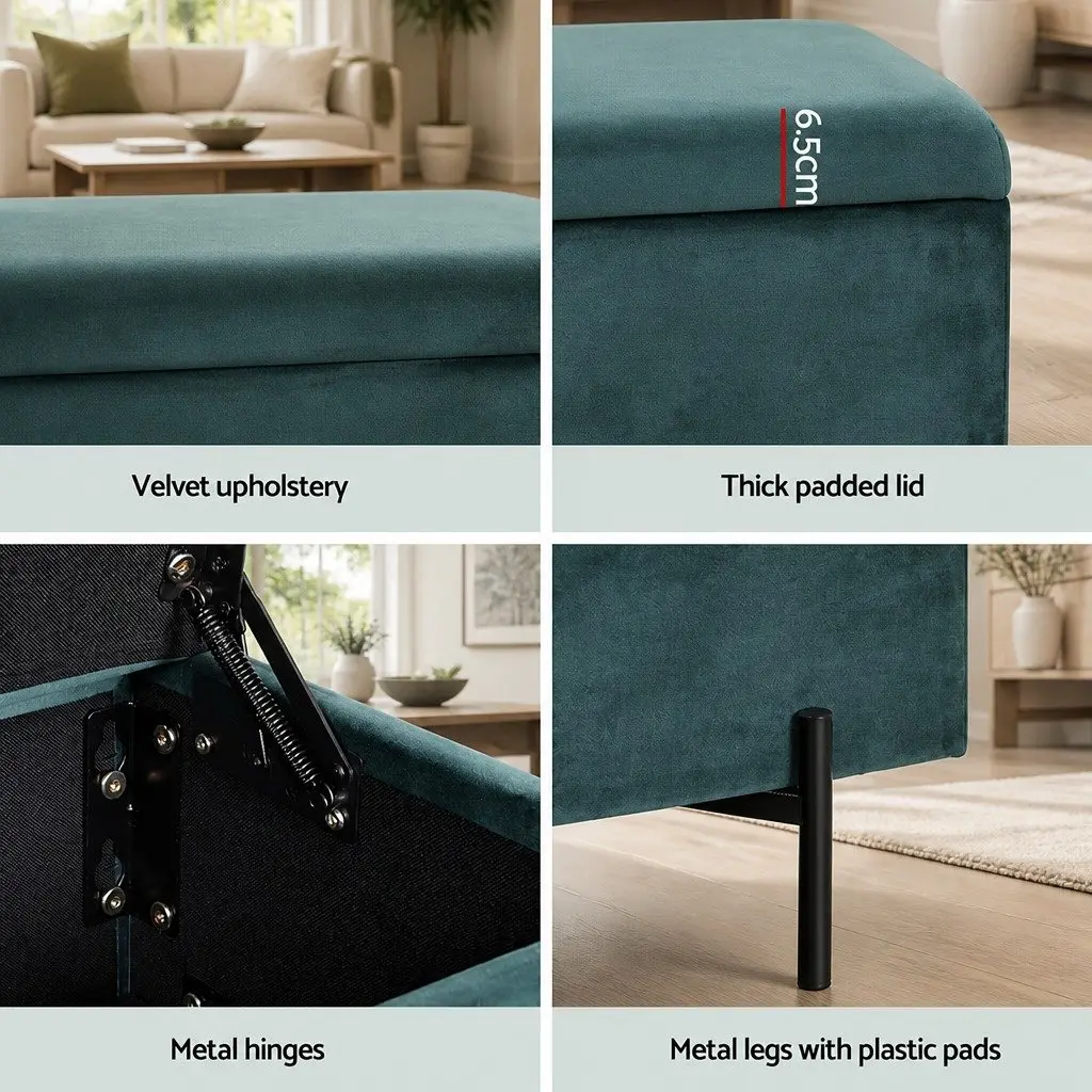 Ottoman Storage Box 140cm Velvet Green Living Room Footstool with Foam Padding and Metal Hinges