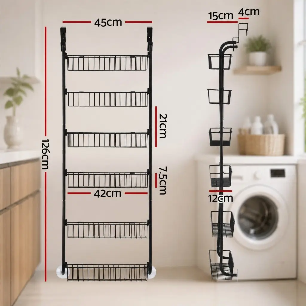 Over Door Storage Organiser Metal 6-Tier Rack 45cm x 15cm x 126cm Black