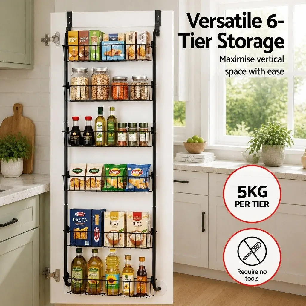 Over Door Storage Organiser Metal 6-Tier Rack 45cm x 15cm x 126cm Black