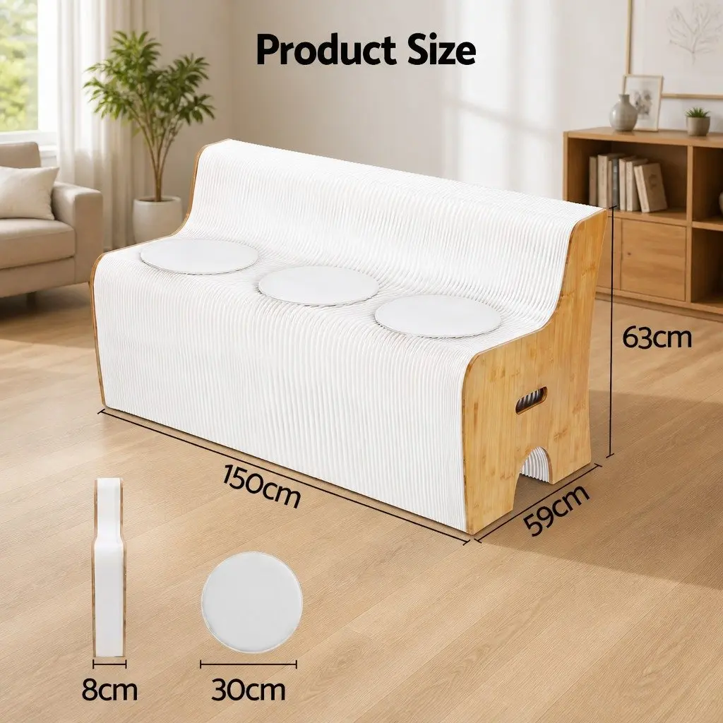 Folding Paper Sofa 3 Seater Natural Kraft Paper White with PU Cushions