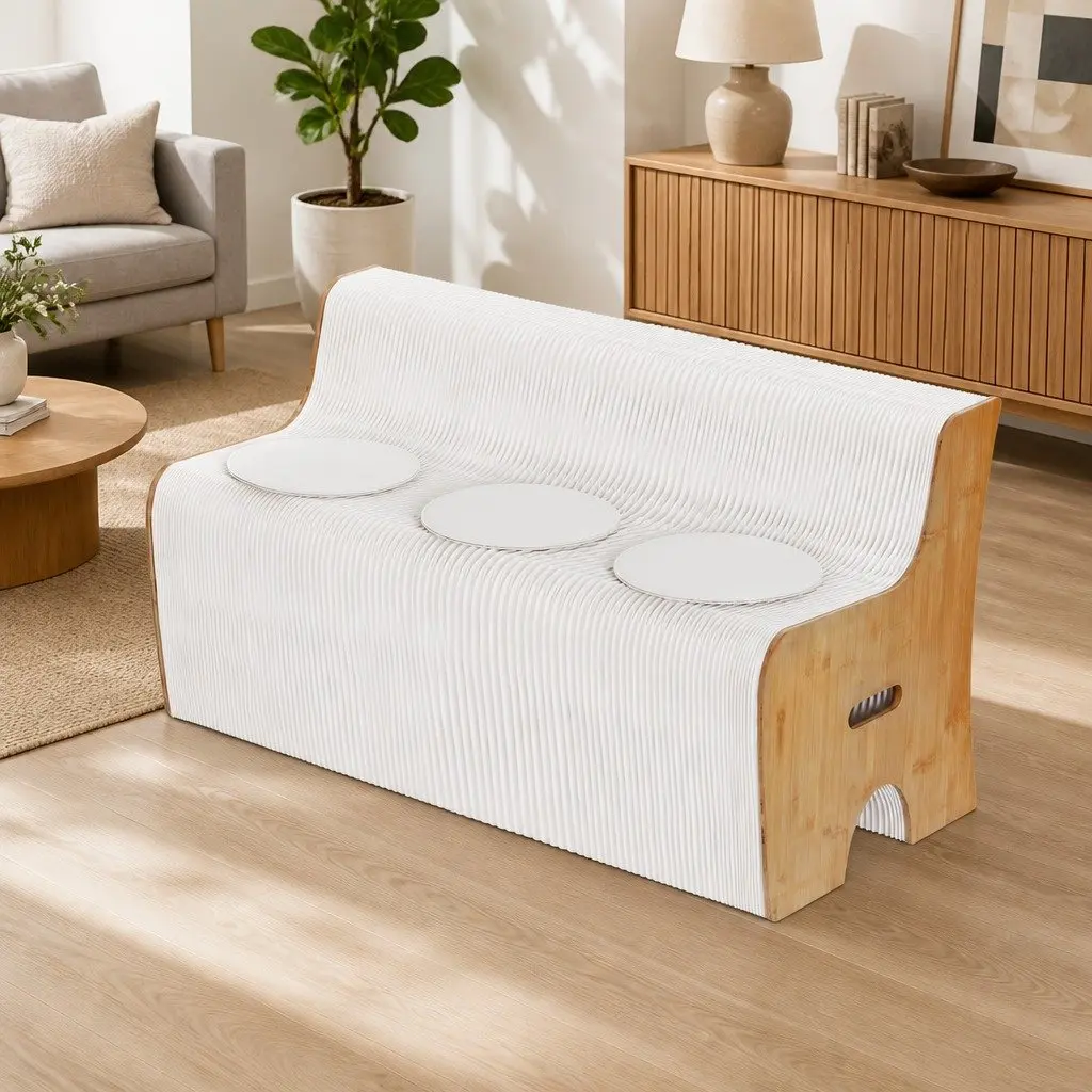 Folding Paper Sofa 3 Seater Natural Kraft Paper White with PU Cushions