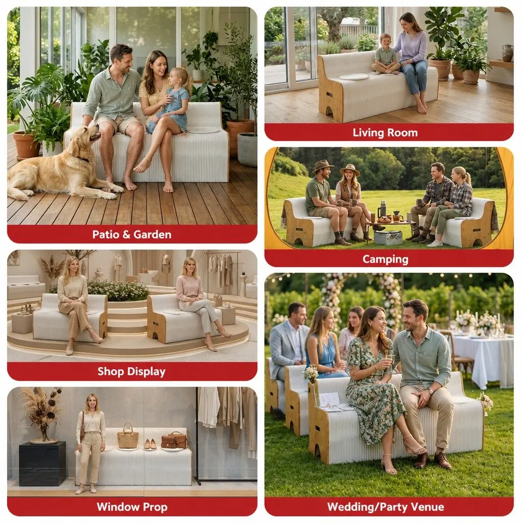Folding Paper Sofa 3 Seater Natural Kraft Paper White with PU Cushions
