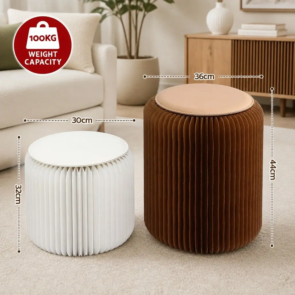 Accordion Folding Paper Stool Set 2 Cushions Modern Living Room Seating Solution