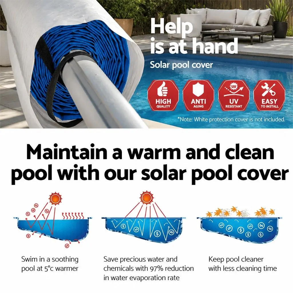 Solar Blanket Pool Cover 10x4m Blue 500 Micron with Adjustable Aluminium Roller for Effective Heat Retention and Reduced Evaporation