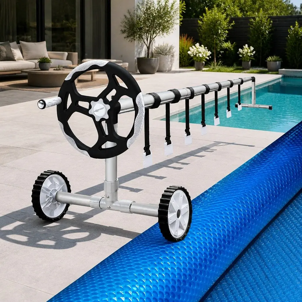 Solar Blanket Pool Cover 10x4m Blue 500 Micron with Adjustable Aluminium Roller for Effective Heat Retention and Reduced Evaporation