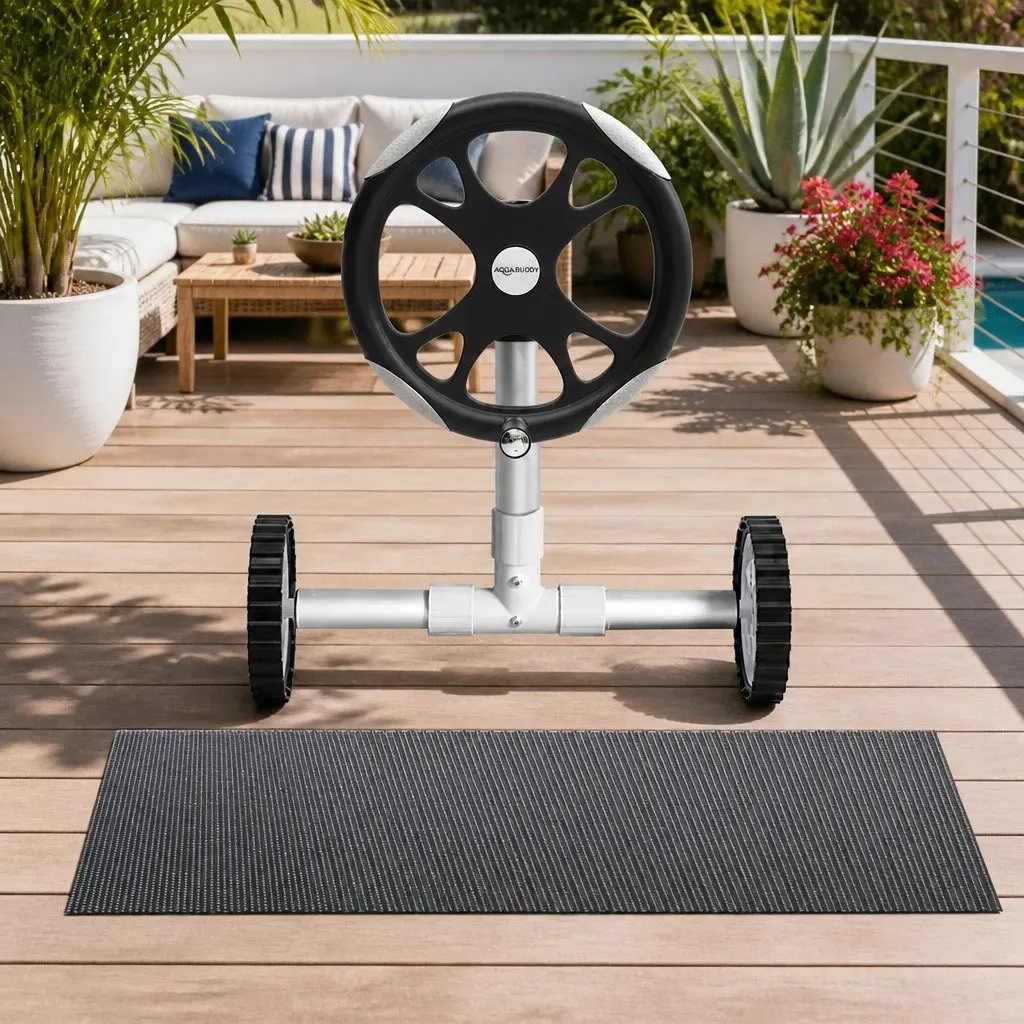 Solar Pool Cover 10m x 4m 600 Micron Dual Layer Blue Black with Adjustable Aluminium Roller 5.55m for Heating and Debris Protection