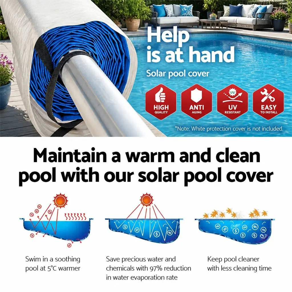 Solar Pool Cover 10.5m x 4.2m Blue Low-Density Polyethylene Blanket with Aluminium Roller 500 Micron