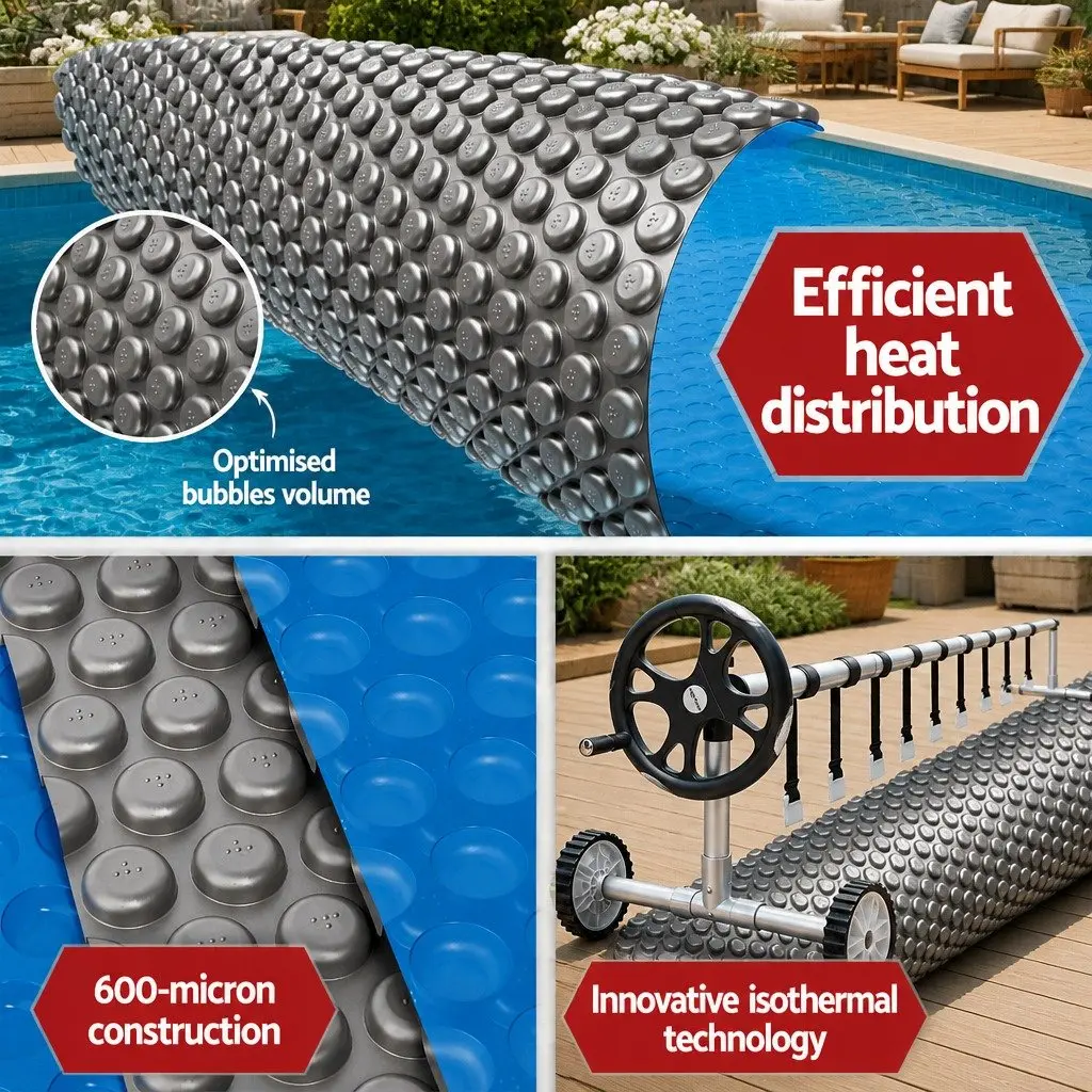 Solar Pool Cover 10.5x4.2m 600 Micron with Aluminium Roller 5.55m