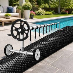 Solar Pool Cover 11x4.8m 600 Micron with Aluminium Roller 5.55m Black Blue