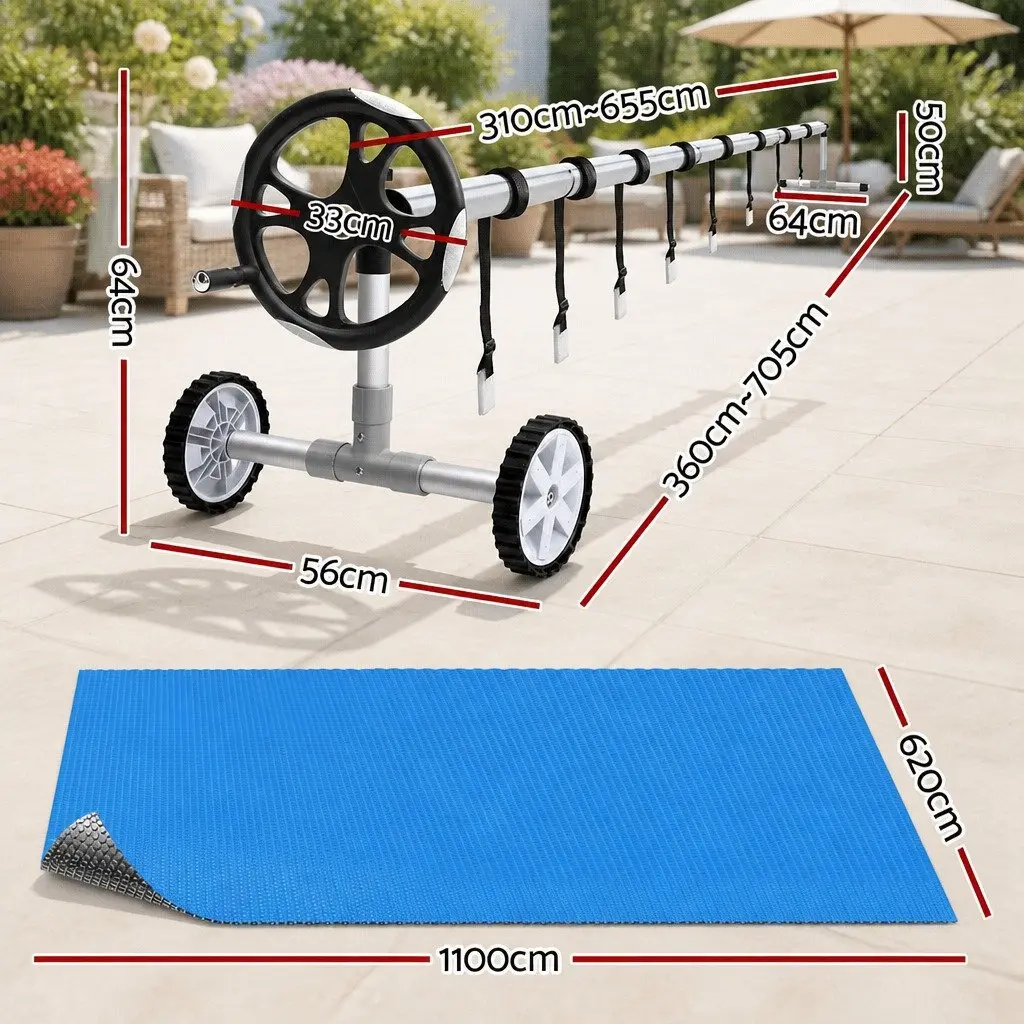 Pool Cover Solar Blanket 600 Micron 11m x 6.2m Blue Top Silver Underside with Aluminium Roller 6.55m