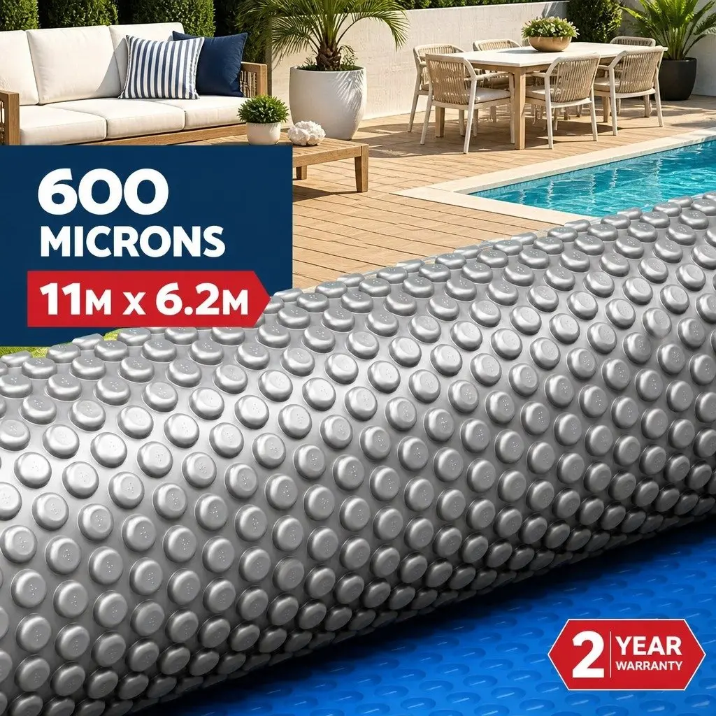 Pool Solar Cover 11x6.2m 600 Micron Bubble Swimming Pool Blanket Blue Silver