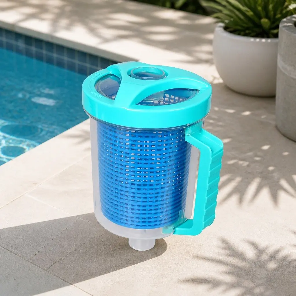 Pool Debris Catcher Canister Clear Medium Size PVC Container Blue