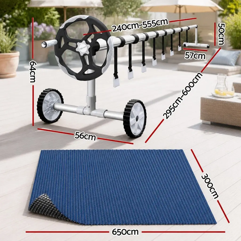 Solar Pool Cover 6.5m x 3m 600 Micron LDPE Black Blue with Adjustable Aluminium Roller 5.55m