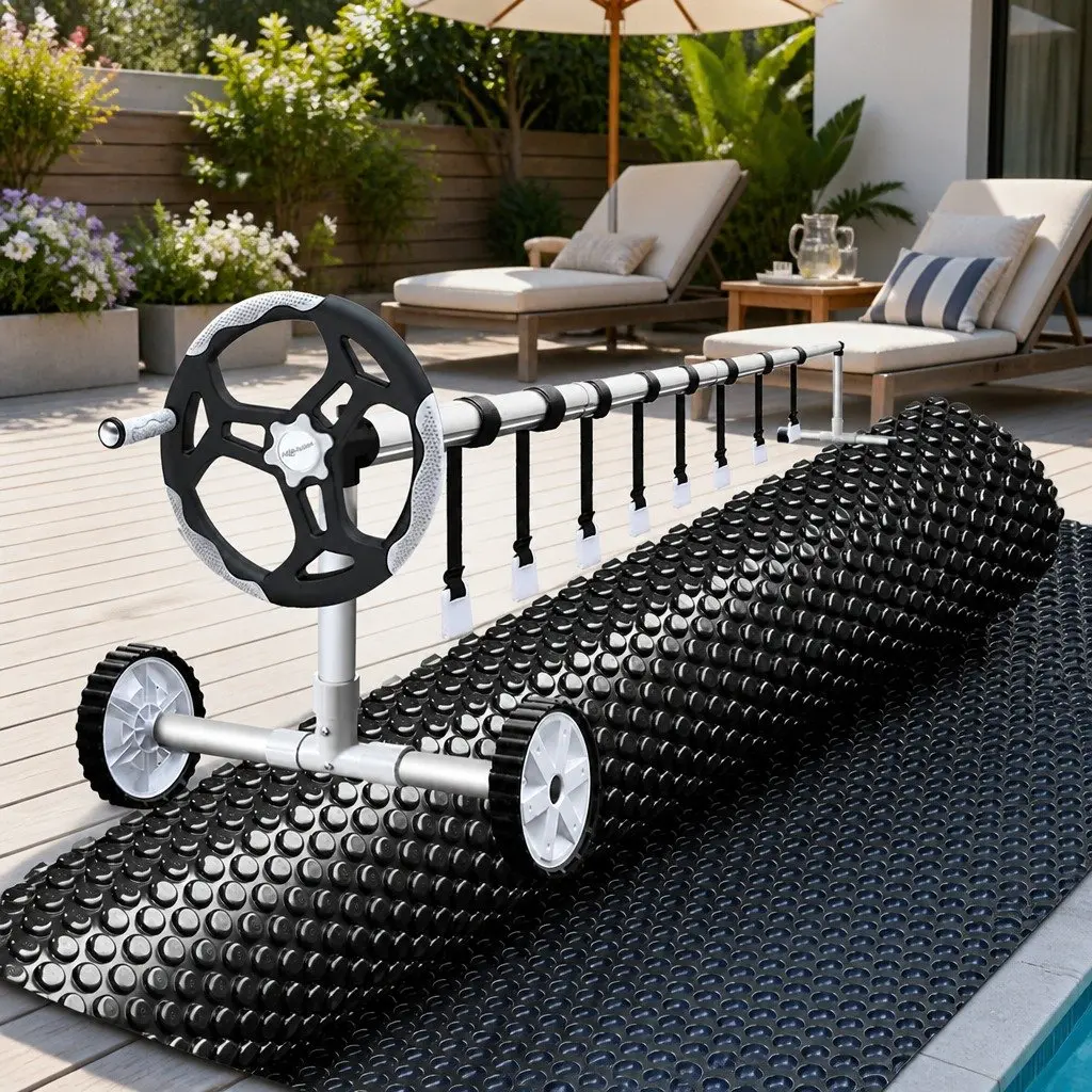Solar Pool Cover 6.5m x 3m 600 Micron LDPE Black Blue with Adjustable Aluminium Roller 5.55m