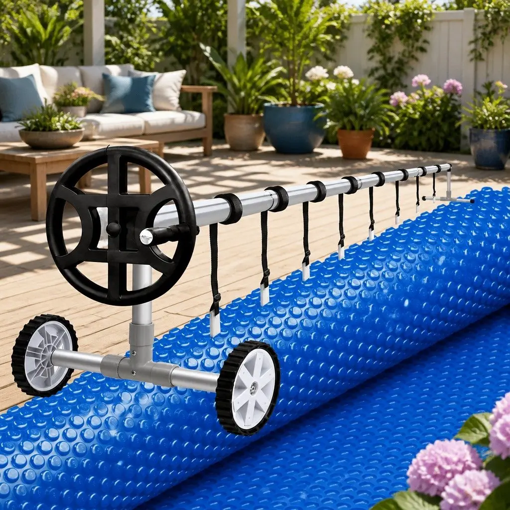 Pool Cover Solar Blanket 6.5m x 3m 600 Micron Blue with Aluminium Roller Crank Wheel