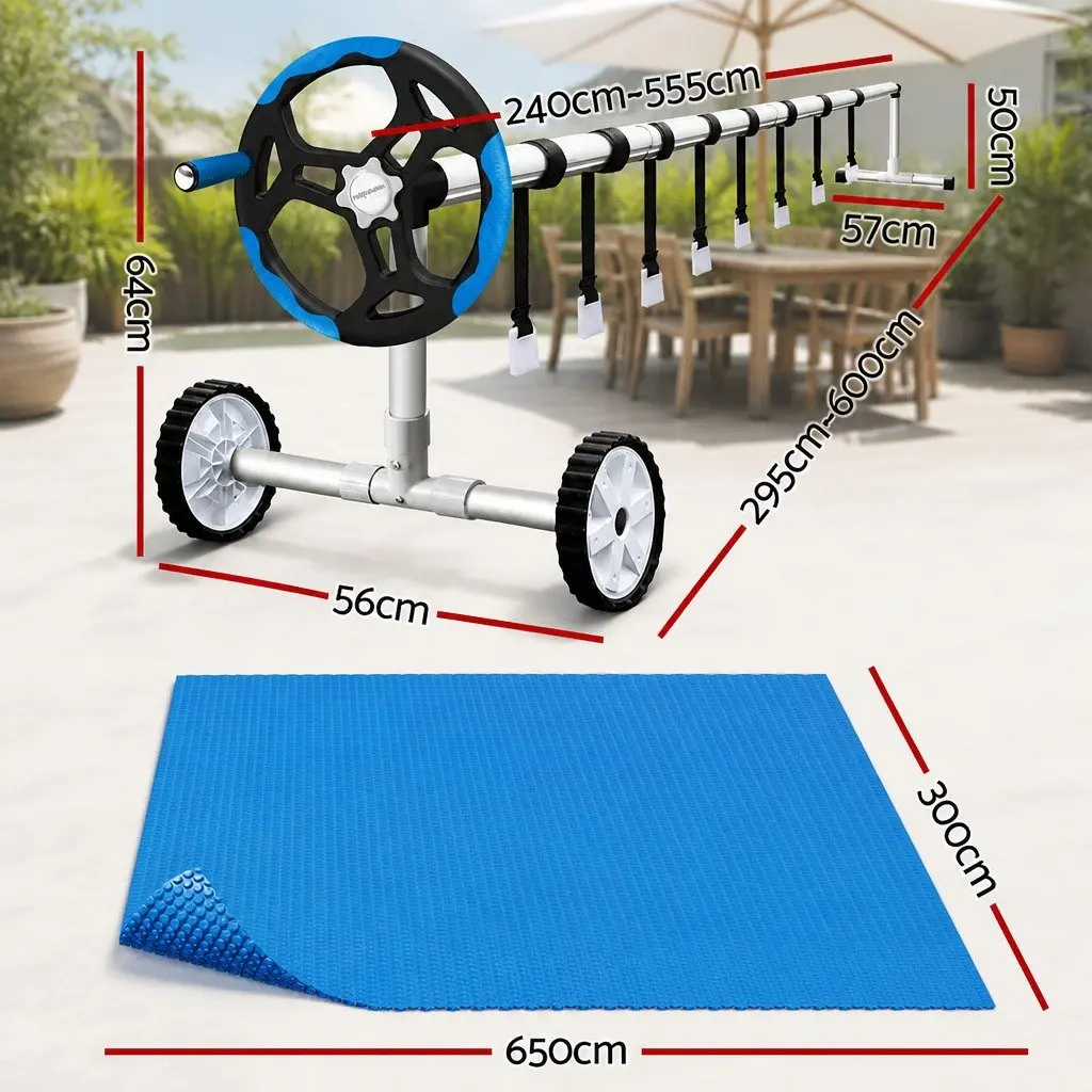 Pool Cover Solar Blanket 6.5m x 3m 600 Micron with Aluminium Roller 5.55m