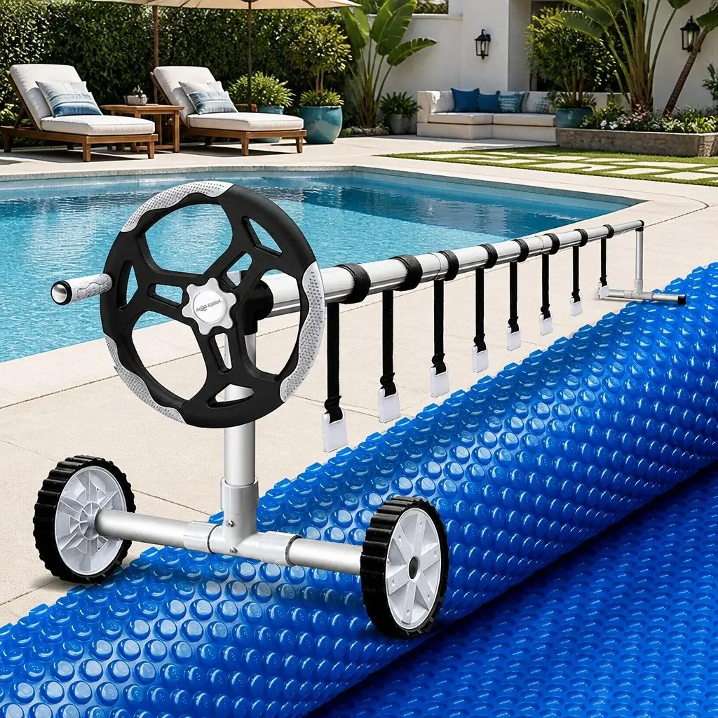 Solar Pool Cover Blue Bubble 600 Micron 6.5m x 3m with Adjustable Aluminium Roller 5.55m Wide
