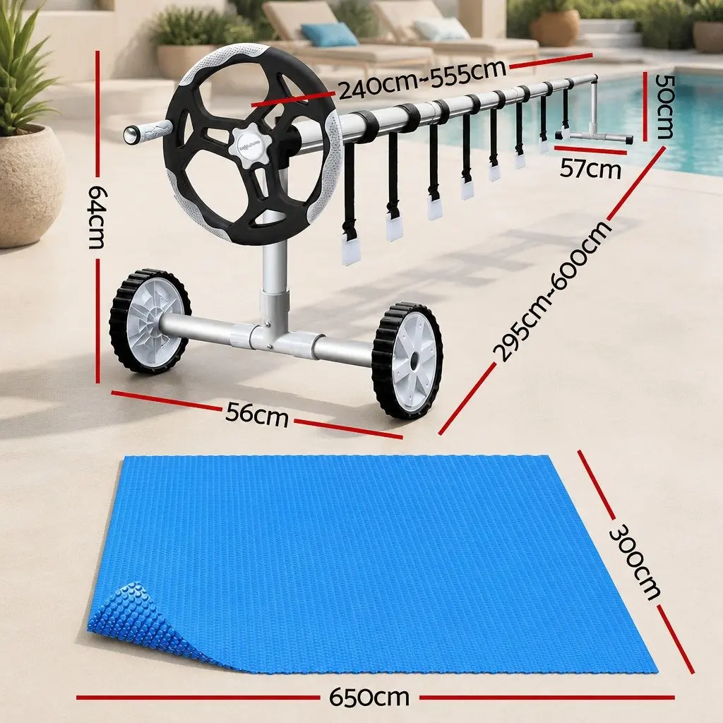 Solar Pool Cover Blue Bubble 600 Micron 6.5m x 3m with Adjustable Aluminium Roller 5.55m Wide