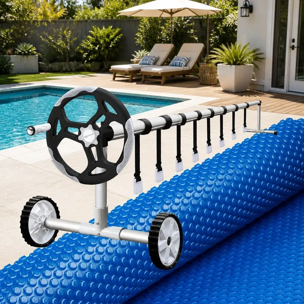 Solar Pool Cover Blue Bubble 600 Micron 6.5m x 3m with Adjustable Aluminium Roller 5.55m Wide