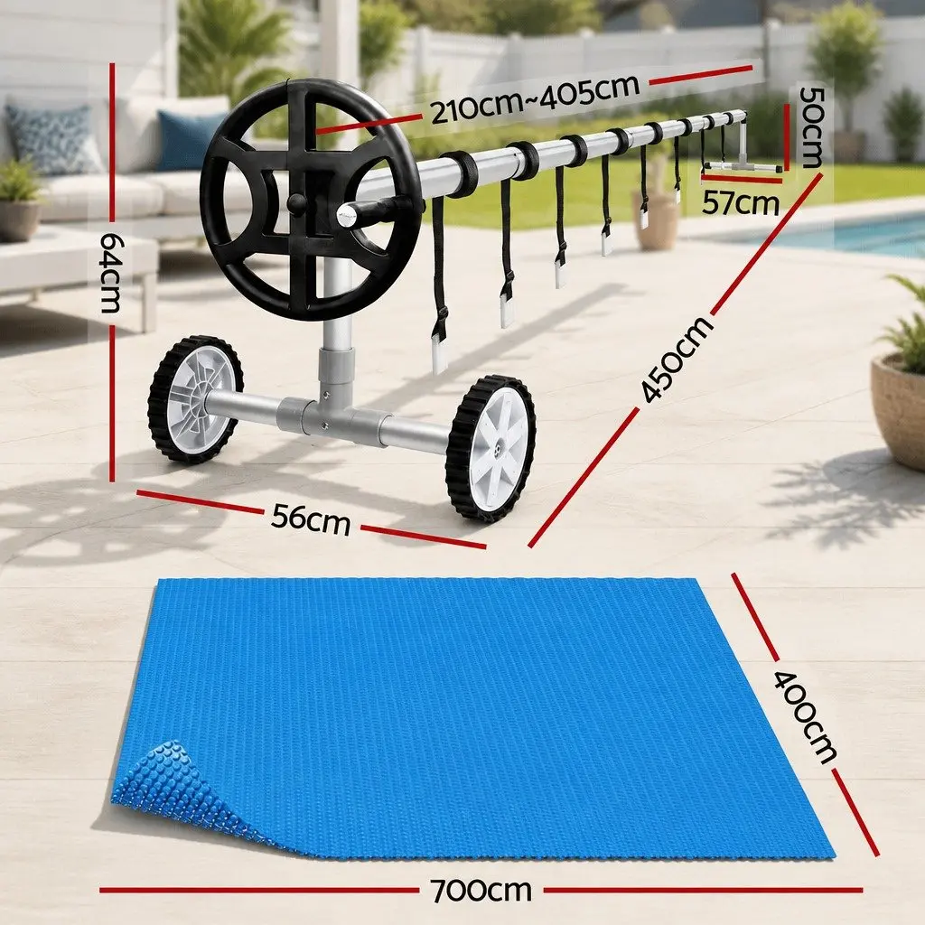 Pool Cover Solar Blanket 600 Micron 7x4m Blue with Aluminium Roller Crank Wheel