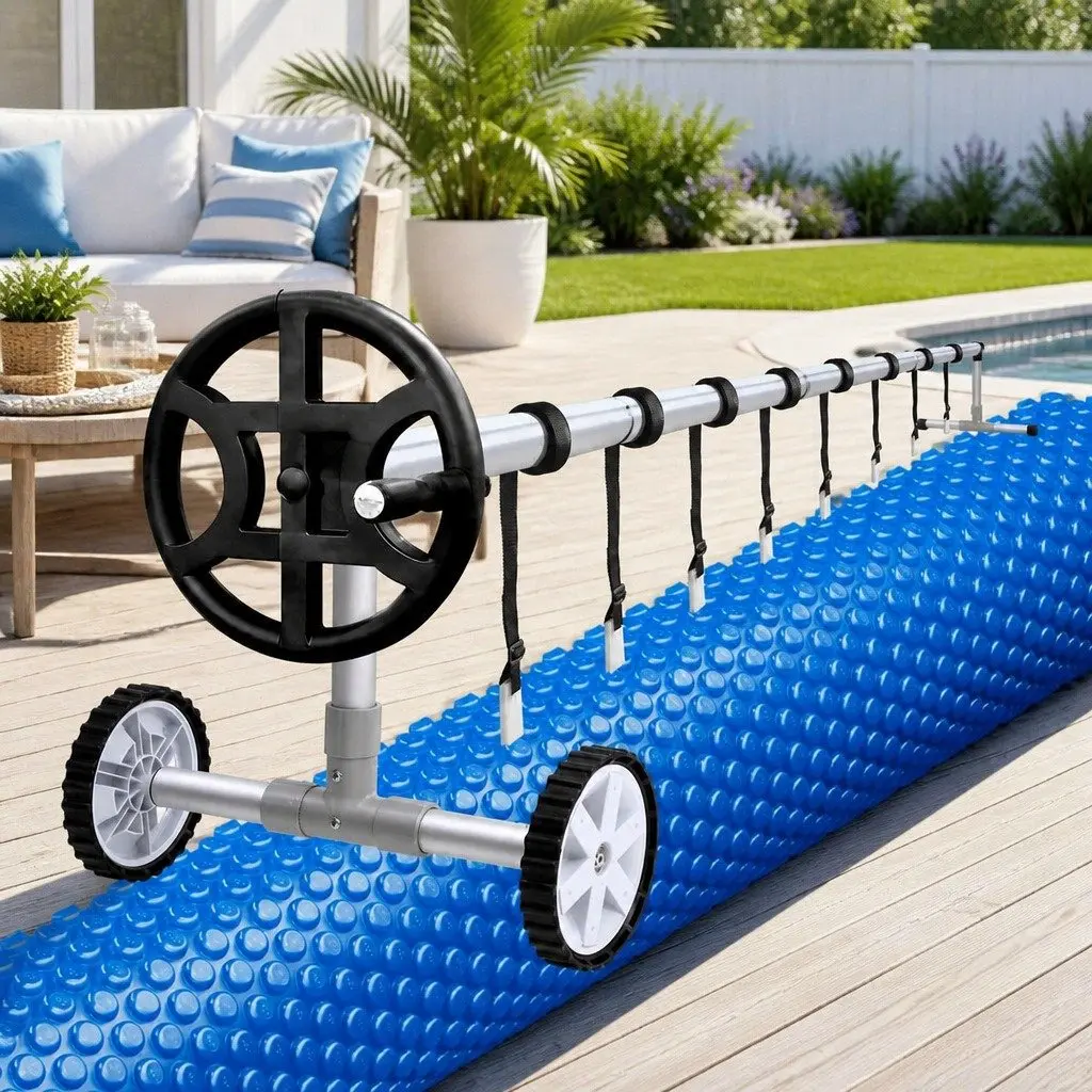 Pool Cover Solar Blanket 600 Micron 7x4m Blue with Aluminium Roller Crank Wheel