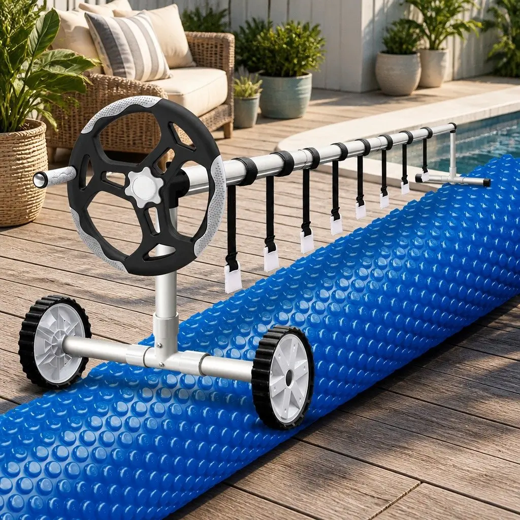 Solar Pool Cover 7m x 4m 600 Micron Blue with Aluminium Roller 5.55m Adjustable