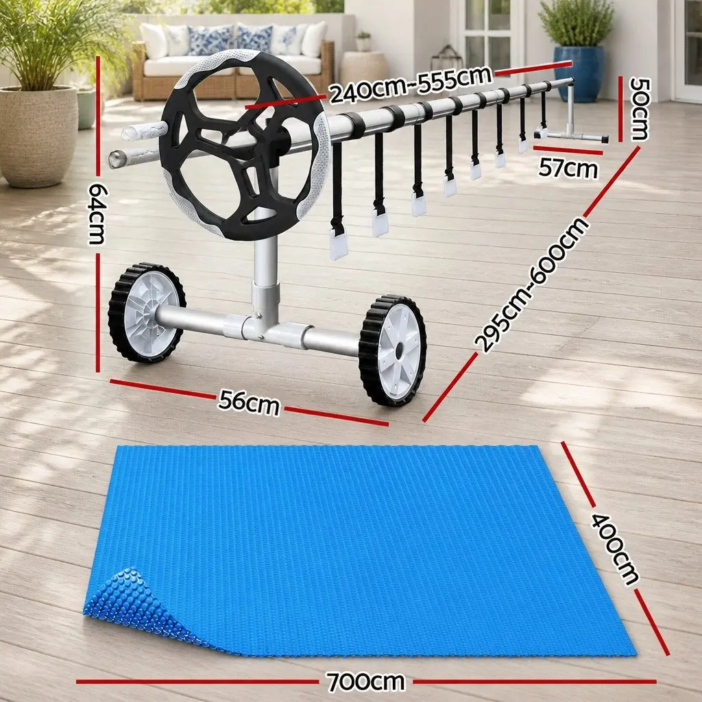 Solar Pool Cover 7m x 4m 600 Micron Blue with Aluminium Roller 5.55m Adjustable