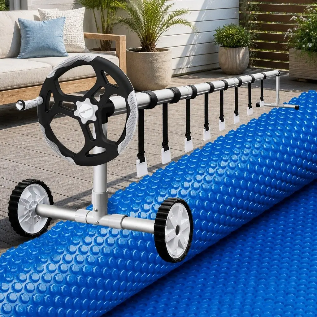 Solar Pool Cover 7m x 4m 600 Micron Blue with Aluminium Roller 5.55m Adjustable