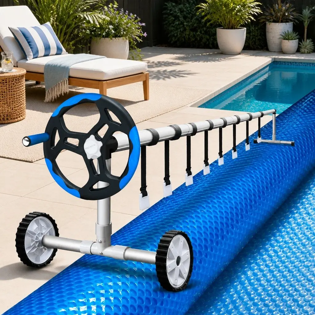 Pool Cover Solar Blanket 7x4m 500 Micron Blue Top Silver Underside with Adjustable Aluminium Roller