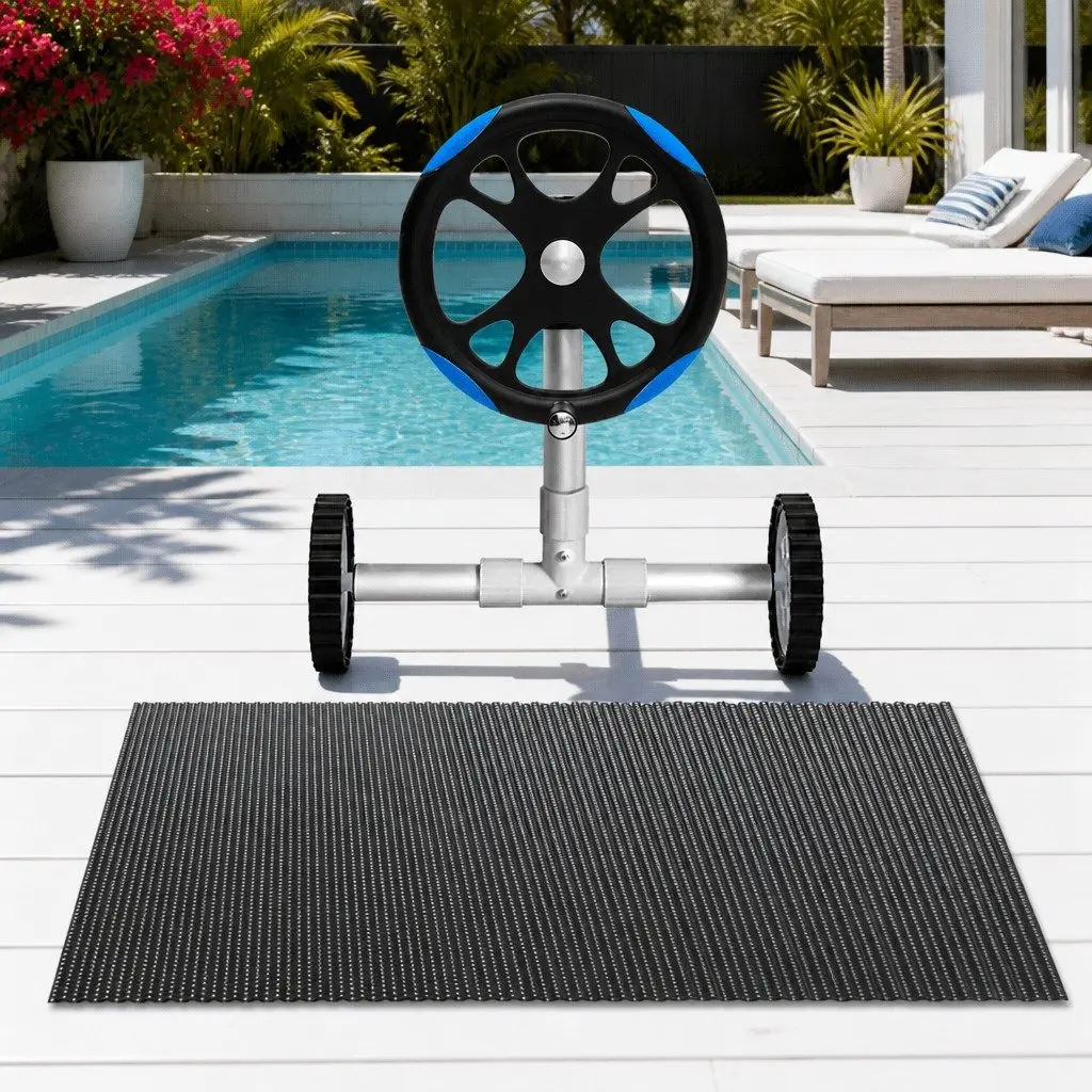 Solar Pool Cover 7x4m 600 Micron with Aluminium Roller 5.55m Black Blue