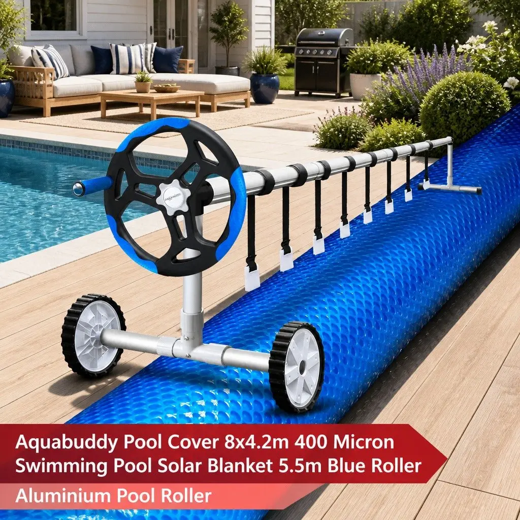 Pool Cover 8m x 4.2m Blue 400 Micron Solar Blanket with Aluminium Roller System for Heat Retention and Evaporation Reduction