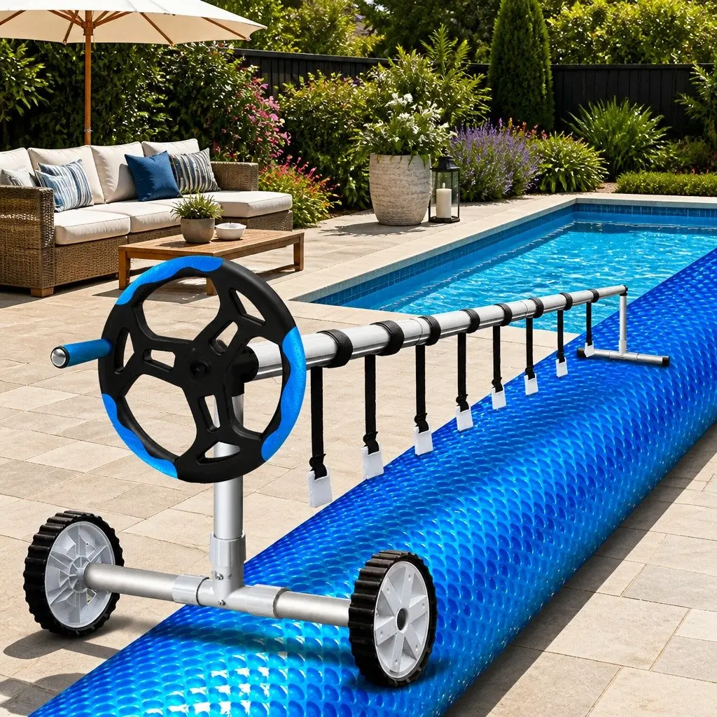 Pool Cover Solar Blanket 500 Micron Aluminium Roller 8x4.2m Blue Silver
