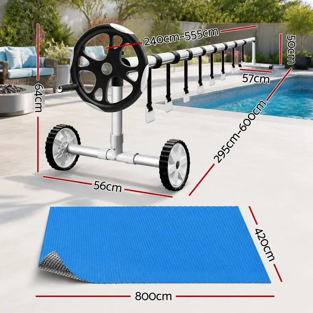Solar Pool Cover 600 Micron 8x4.2m Blue Bubble with Aluminium Roller 5.55m