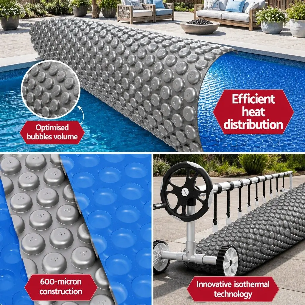 Solar Pool Cover 600 Micron 8x4.2m Blue Bubble with Aluminium Roller 5.55m